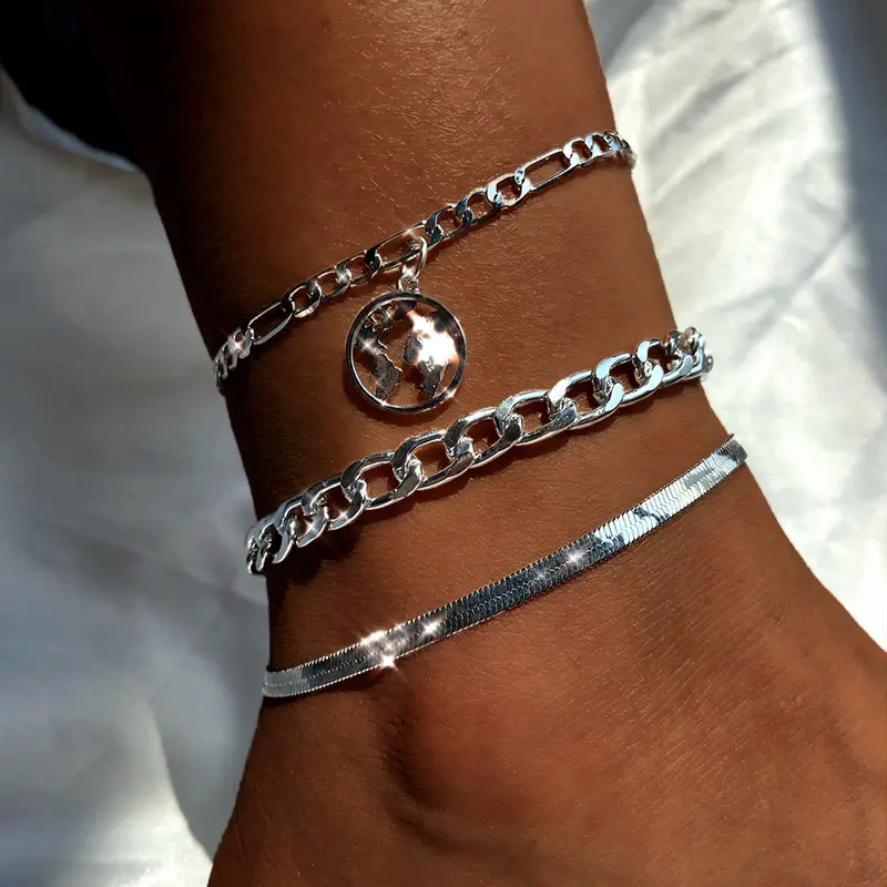 3pcs/set Trendy New Gold Silver Color World Map Anklets Bracelet For Women On Leg Summer Beach Anklet Set Female Foot Jewelry 3pcs/set Trendy New Gold Silver Color World Map Anklets Bracelet For Women On Leg Summer Beach Anklet Set Female Foot Jewelry