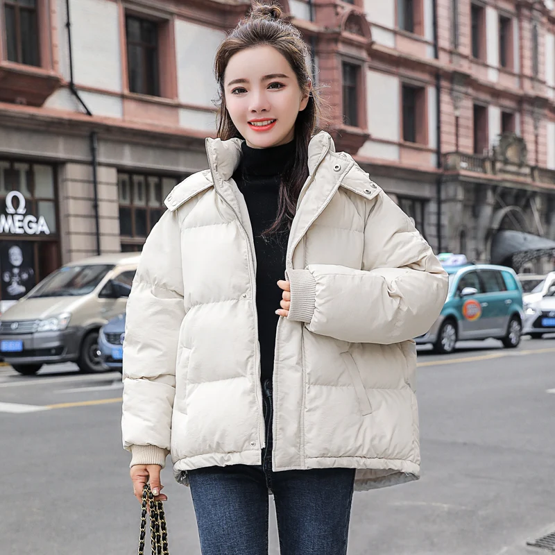 Новая осенне-зимняя куртка с капюшоном, Женское пальто, свободные короткие куртки с хлопковой подкладкой, Женская парка, Теплое повседневное пальто большого размера - Цвет: creamy-white