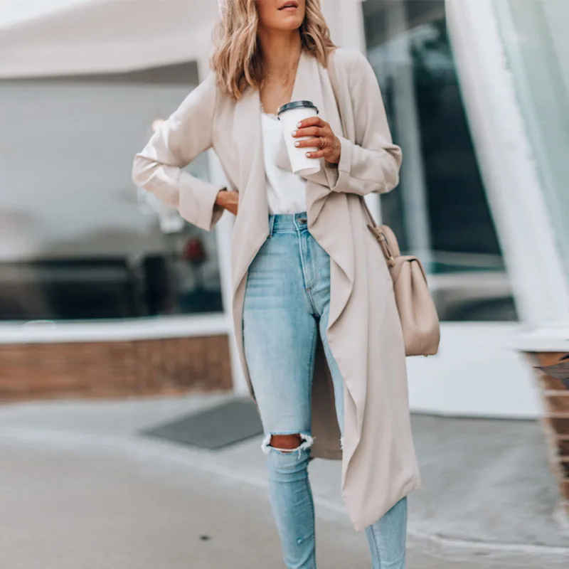 

OEAK Fashion Brand Lapel Collar Windbreaker Women 2019 New Style Solid Color Cardigans Long Sleeve Femme Long Trench Coat