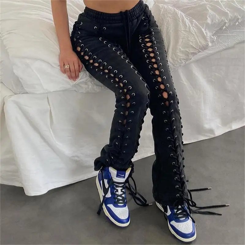 Lace-up Hollow Pants for Women, Eyelet Drawstring, Net Red, High Street Fashion, Wholesale