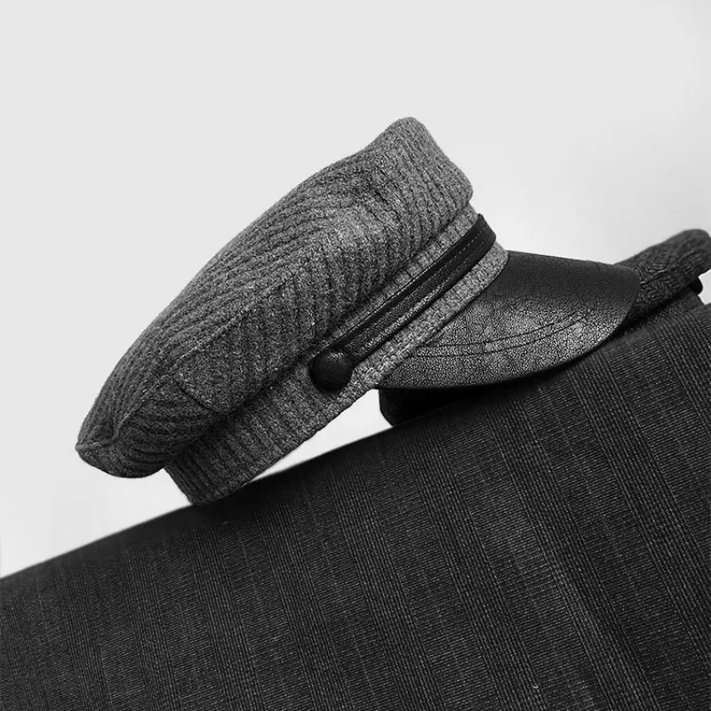 

Wool Sailor Hat for Women Men PU Leather Military Hat Black Flat Top Female Travel Cadet Hat Captain Cap Spring Summer Autumn
