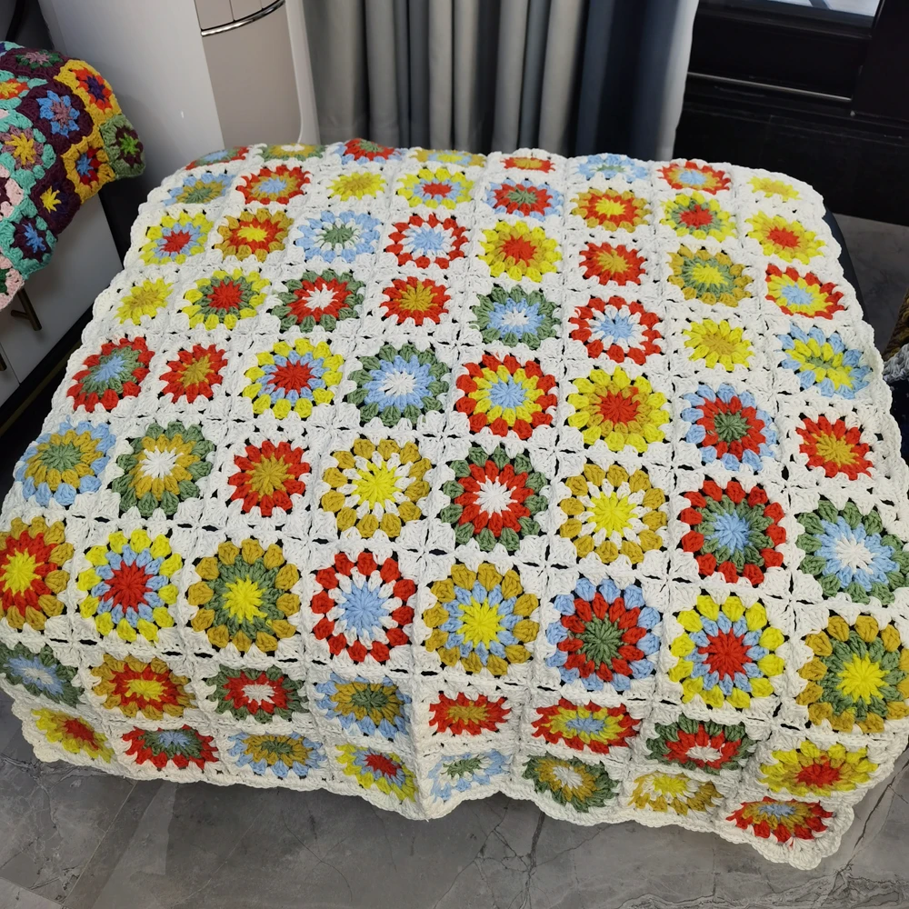

DIY Colourful Daisy Handmade Original Hand Hook Tablecloth Fashion Crochet Blanket Yoga Bolster Cushion Crochet Table Mats Prop