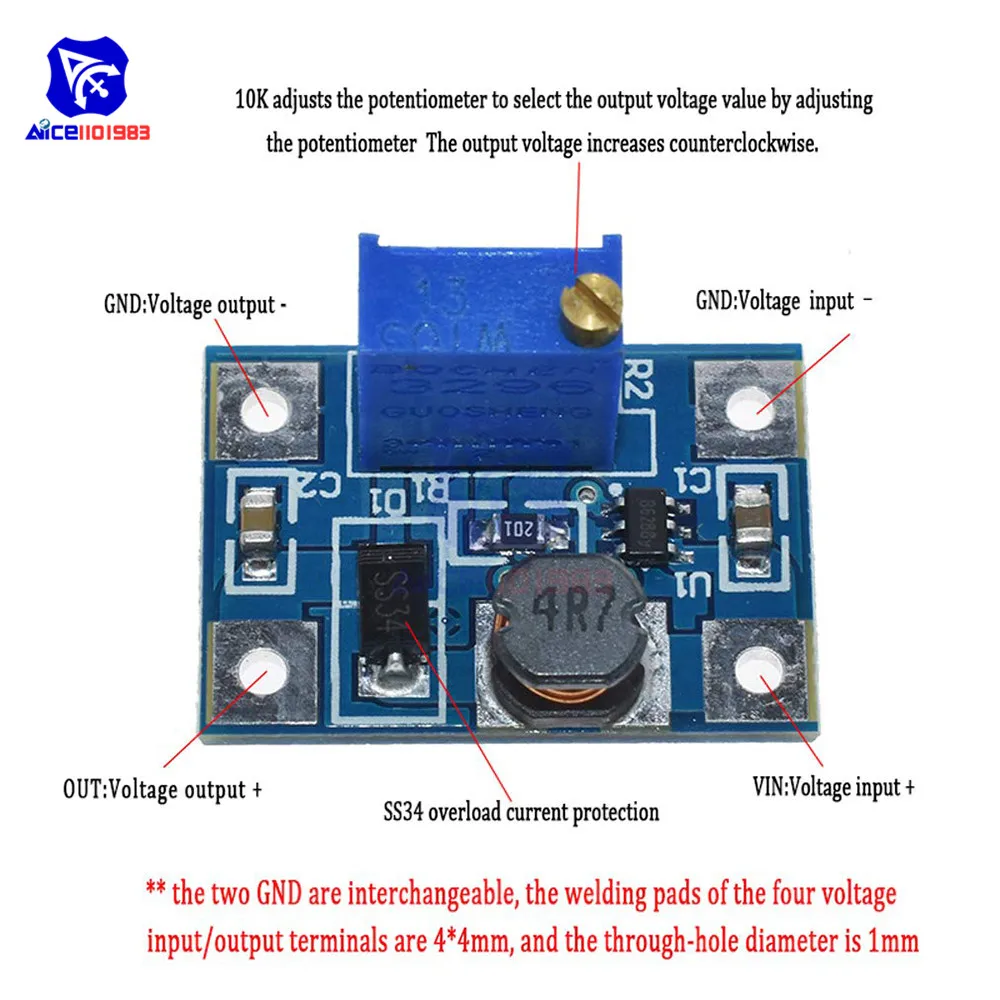 SX1308 DC-DC 2-24V постоянного тока до 2-28V Макс 2A шаг повышающий преобразователь модуль Регулируемый подстроечный потенциометр для Arduino