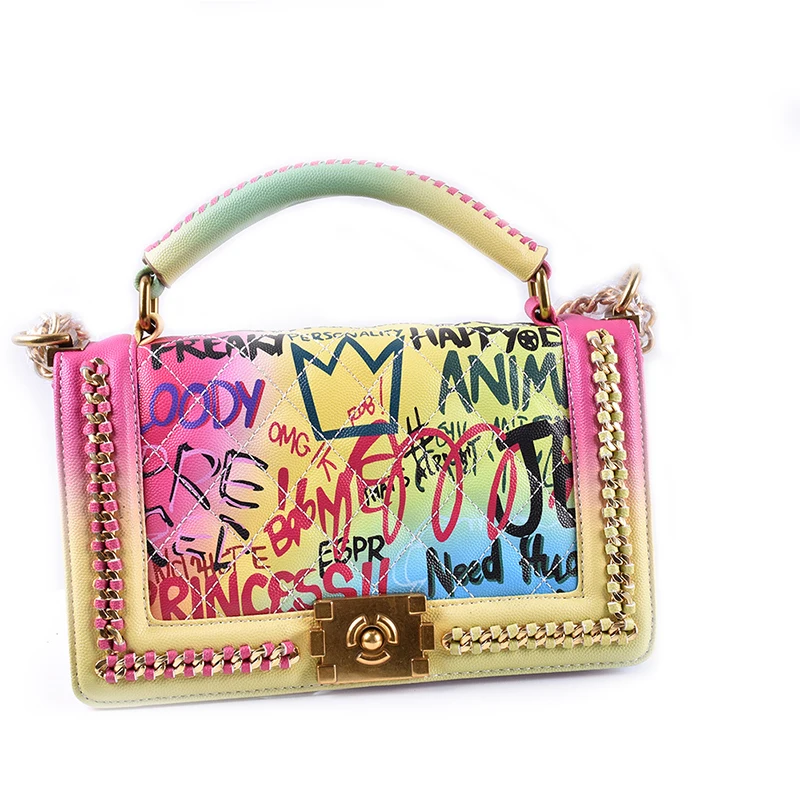 

New Style PU Chains Small Custom Jelly Fashion Handbag Women Crossbody Graffiti Bag