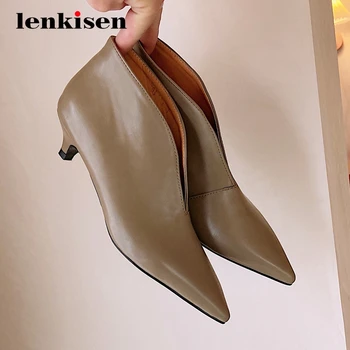 

Lenkisen european style genuine leather french romantic pointed toe thin med heel slip on beauty lady convenient ankle boots L71
