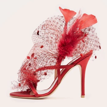 

Womens Peep Toe Feather Mesh Sexy Stilettos High Heels Slingbacks Sandals Shoes Flower Pumps Black Red Real Leather