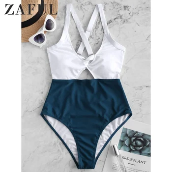 

ZAFUL Color Blocking Criss Cross Cut Out Swimsuit Padded Swimsuit 2020 High Waisted Swimwear Plunging Neck One Piece Swimsuit