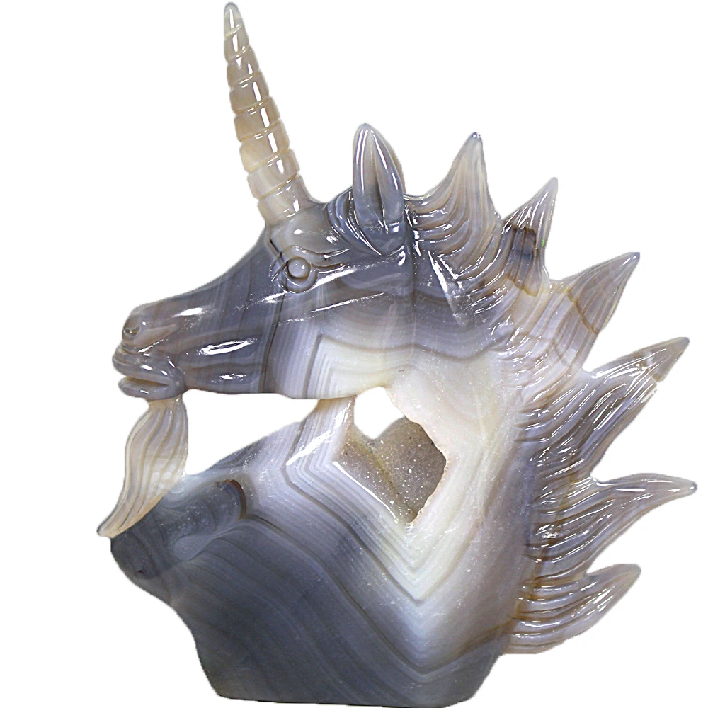 Natural Agate Geode Unicorn Figurine Carving Quartz Crystal Horse Skull Healing Crystal Stone Realistic Cute Animal Home Decora