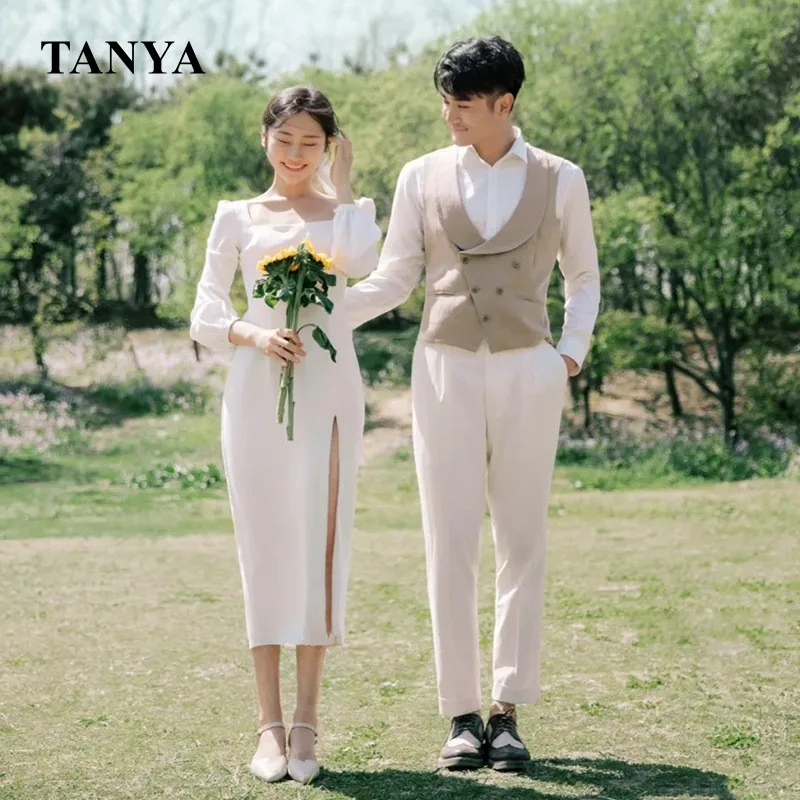 

Simple Wedding Dress Classical Style Full Sleeves High Slit Tea Length Bridal Dress Spring 2022 Graden Bridal Gown Vestidos