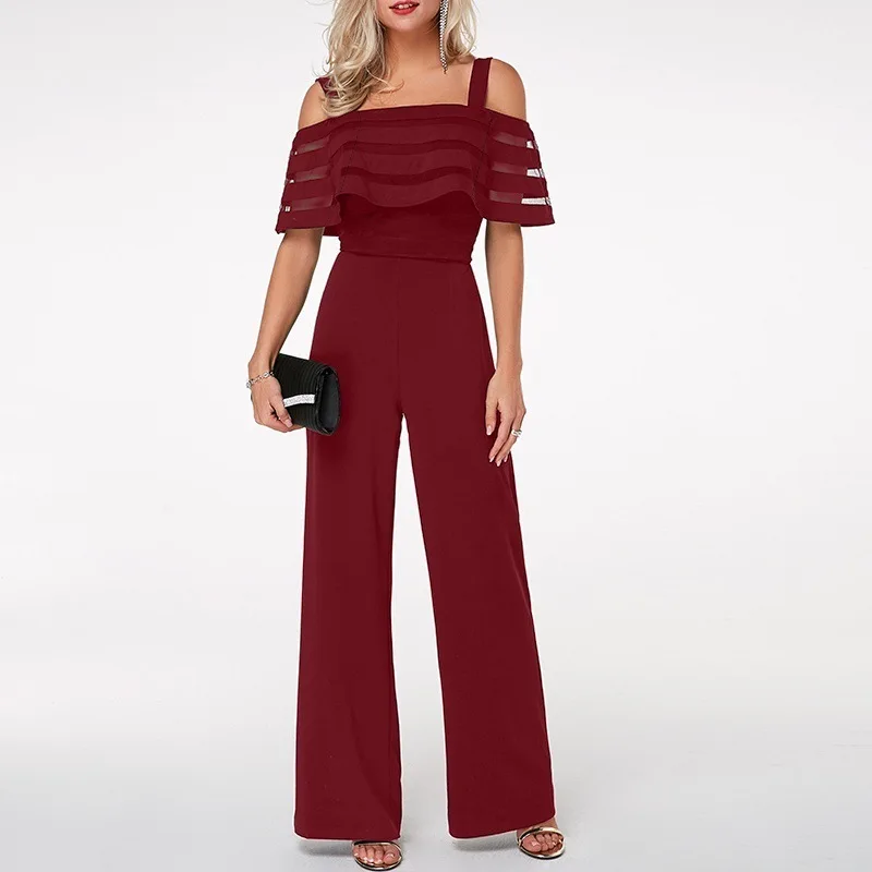 Plus Size Long Wide Leg Romper Overlay Embellished Black Strappy Cold Shoulder Jumpsuit Loose Solid Jumpsuit