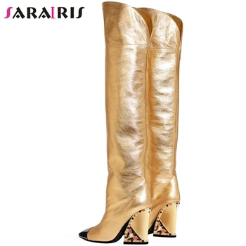 

SaraIris Zipper Square Heel Boots Women Mental Decoration Party Boots Ladies Gold Solid Over The Knee Shoes