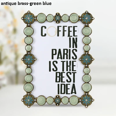 antique green blue Европейский прямоугольной формы блестящее серебряное покрытие с белым бисером и драгоценными камнями 4x6 дюймов металлическая фоторамка - Цвет: antique green blue