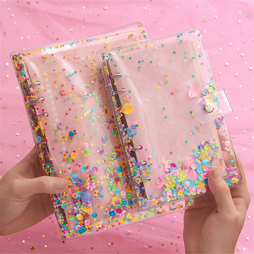 Cute Glitter Sequins Notebook Cover A5/A6 Transparent 6 Rings File Folder Loose Leaf Ring Binder Kawaii School Office Supplies