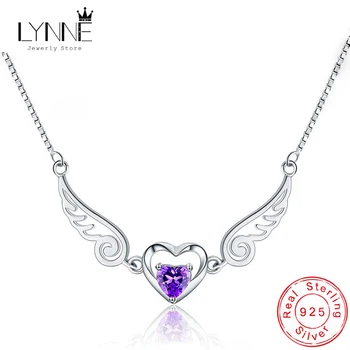 

Hot Fashion 925 Sterling Silver Angel Wing Zircon Collarbone Necklace Purple Rhinestone Heart Pendants Necklaces Women Jewelry