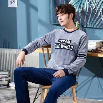 

Special Price New Style Men's Pajamas Set Autumn Winter Warm Flannel Thicken Male Pajamas Sets Long Sleeve Sleepwear Top +Pant