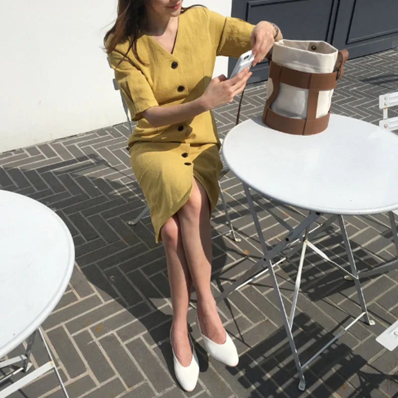 2020 Summer New Dress Women Korean V Neck Solid Dress Cotton Linen OL Casual Short sleeve Dresses Female Boho Robe Femme Vestido
