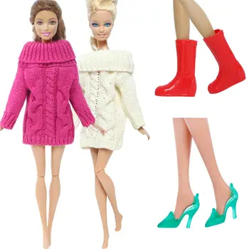 

4 Pcs/Set = 2 Pcs Colorful Wool Coat Winter Dress Sweater + 2 Pairs Shoes Accessories Clothes for Barbie Doll Baby Girl DIY Toy