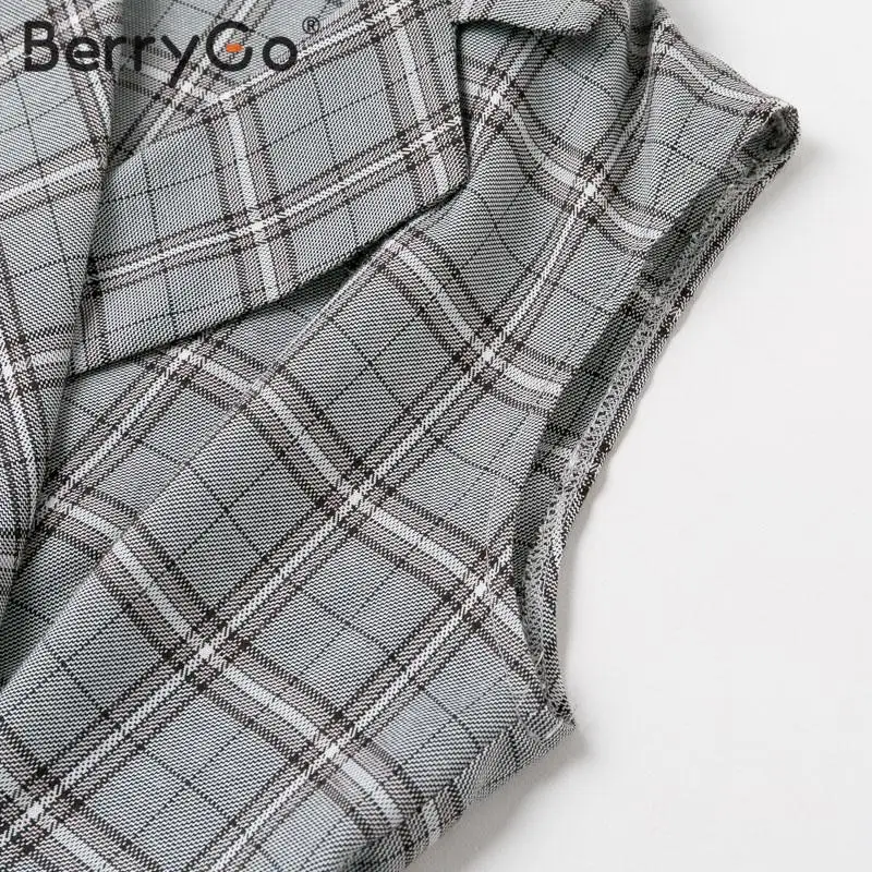 BerryGo, без рукавов, женское офисное платье, элегантное, в клетку, с поясом, с отворотом, лето, весна, платье, повседневное, шикарное, для работы, короткое платье