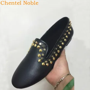 

Brand Chentel Noble Male shoes Leather Gold Rivet Men Casual Shoes Party Shoes Men Flats Slip-On Black Color Banque Big Size