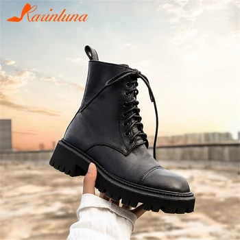 

Karinluna High Fashion Brand New Big Size 39 Round Toe Genuine Leather Cross-tied Autumn Ankle Female Boots