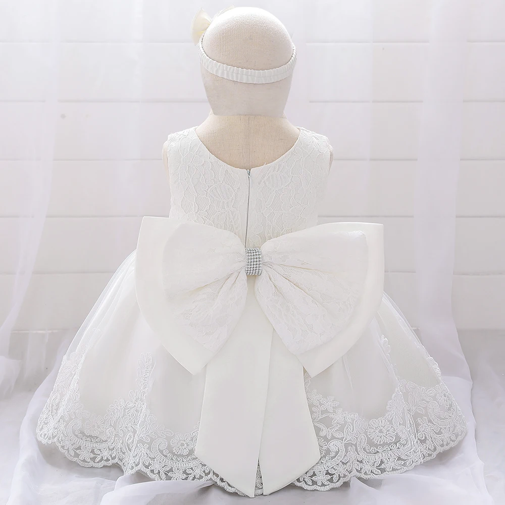 white Bow Headband Princess Dress Birthday Party Dress Toddler Baptism Dress Vestido Kids Dress Girl Clothes for Babies Up to A Year - Цвет: white