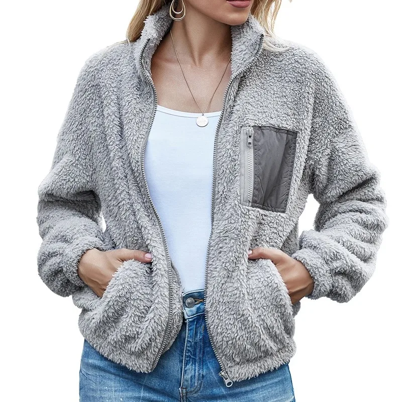

2020 new autumn winter double-faced fleece cropped tops color matching zipper cardigan plush sweater jacket women plush coat