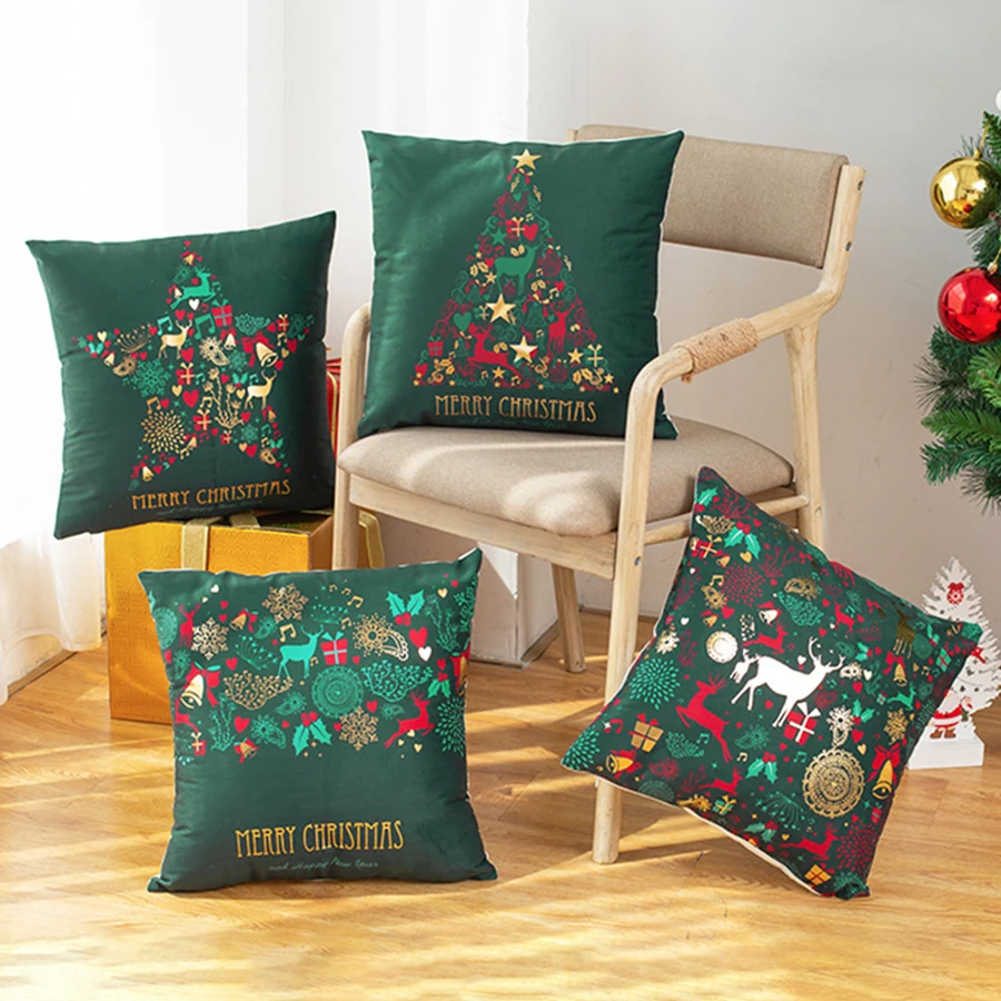 

Nordic Elk Christmas Tree Printed Bronzing Decorative Cushion Cover Super Soft Short Velvet Green Throw Pillows Case Decor Home