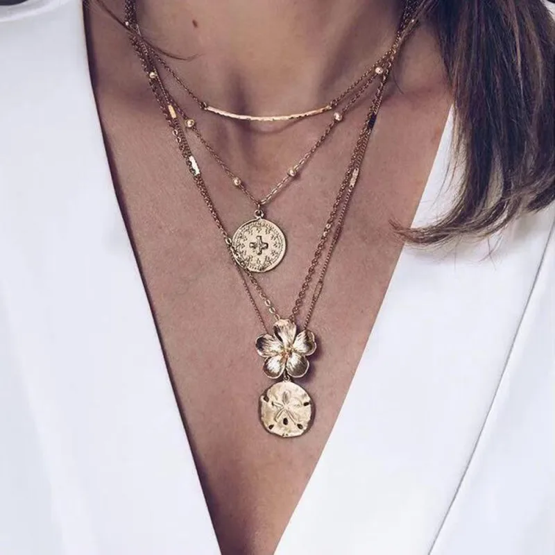 

Gold Flower Cross Multi-layer Necklace For Women Round Pendant Necklaces Medallion Collar Choker Necklace Bohemia Jewelry N70871