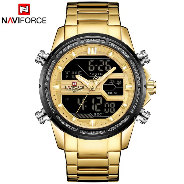 gold NAVIFORCE, люксовый бренд, мужские спортивные часы, мужские кварцевые, светодиодный, цифровые часы, мужские, полностью стальные, военные наручные часы, Relogio Masculino - Цвет: gold