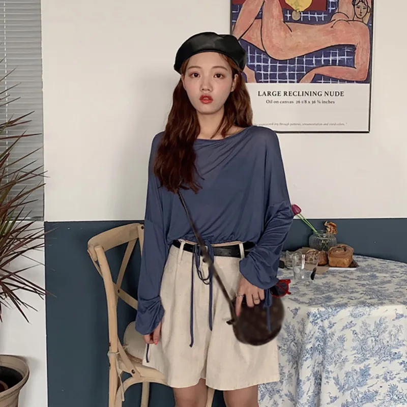 

Long Sleeve Sun Protection T-Shirt Women Solid Color Pullover Casual Round Neck Perspective Knitted Tunic Fashion Casual