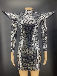 Exaggerated Shoulder Shining Sequins Long Sleeve Dress Evening Party Rave Nightclub Dance Costume Singer Performance Stage Wear