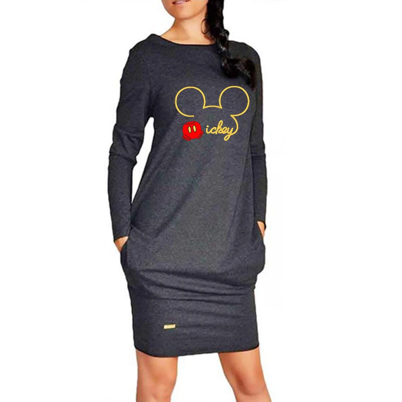  Spring Dress Women Autumn Mickey Plus Size Pocket Bodycon Dresses Vintage Clothes Woman Party Casua