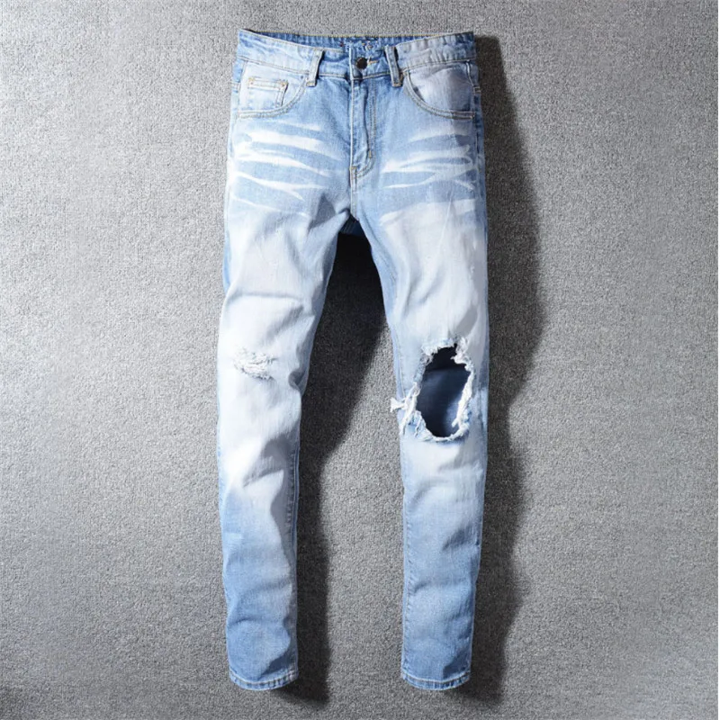 

Free shipping streetwear hip hop Ripped Skinny biker jeans destroyed Stretch cotton denim trousers Plus Size 40 hot Dropshipping