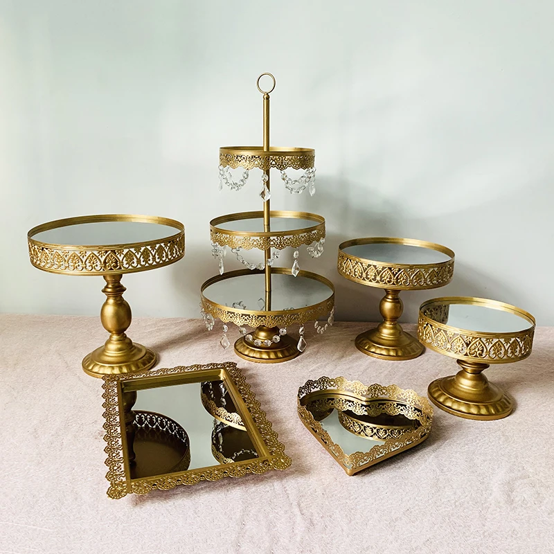 Золотые прямоугольные лотки с круглой зеркальной поверхностью для десертного стола, форма для кекса, дня рождения, свадьбы - Цвет: 6pcs in set