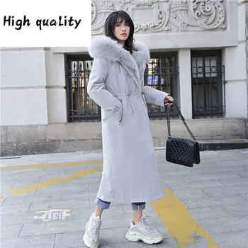 Billige Weiblichen Mantel Echt Kaninchen Liner Parka Winter Jacke Frauen WaschbÀren Pelz Kragen Warme Lange Jacken Manteau Femme MEIN