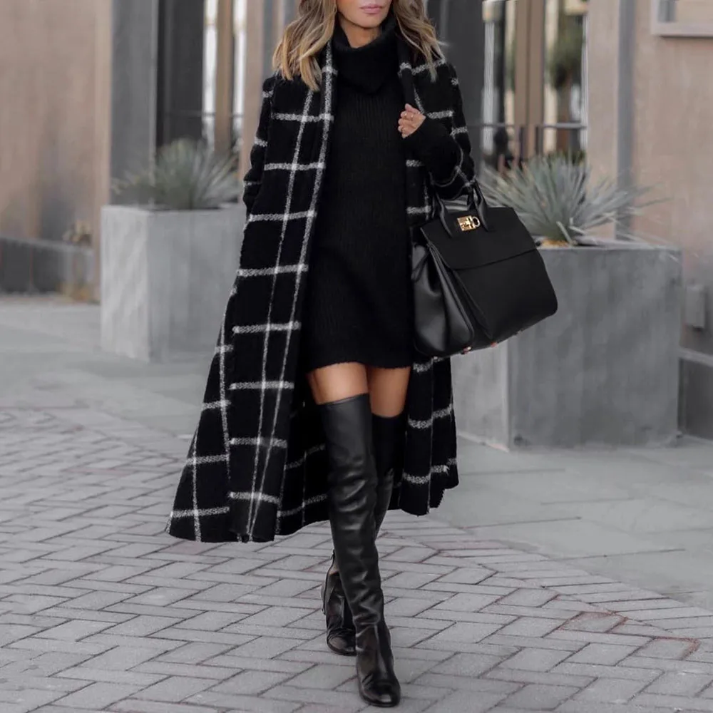 Шерстяное длинное клетчатое пальто, женское элегантное офисное повседневное пальто размера плюс, черная зимняя теплая верхняя одежда, винтажное шерстяное пальто 2XL