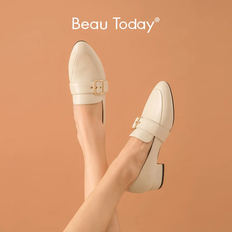 BeauToday Women Leather Loafers Calfskin Pointed Toe Classical Slip-On with Buckles Dress Shoes for Women Handmade 15727