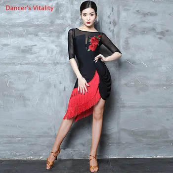 

Latin Dance New Competition Clothing Female Adult Sexy Black Dress Professional Performance Costume Tassel Skirt