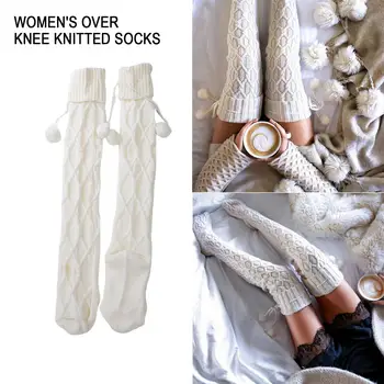 

New Fashion Knee High Socks For Women Winter Sexy Women Winter Drawstring Pompom Knit Over Knee Socks Leg Warmer Long Stockings