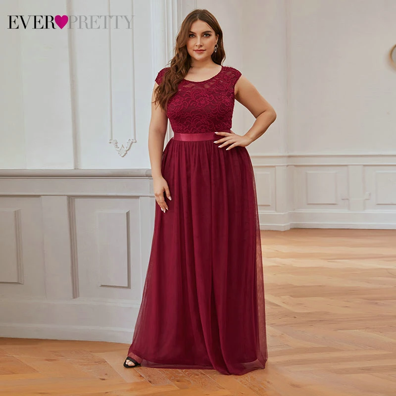 

Plus Size Burgundy Evening Dresses Ever Pretty A-Line O-Neck Sleeveless Tulle Elegant Evening Party Gowns Robe De Soiree 2020