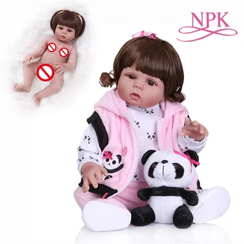 

curly hair 49CM bebe doll reborn toddler girl doll baby girl in panda dress full body soft silicone realistic baby bath toy