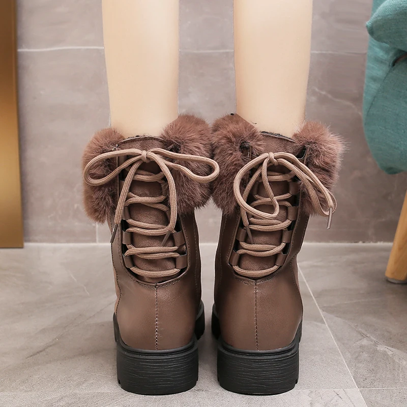 Г. Новые Роскошные замшевые зимние ботинки женские теплые зимние ботинки на меху удобные ботильоны с круглым носком на шнуровке, черного и коричневого цвета женская обувь