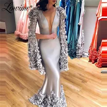  Long Sleeve Mermaid Evening Dresses Dubai Design Handmade Flower Illusion Neckline Sexy African Prom Dresses Arabic Party Gowns 