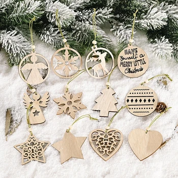 

12pcs/lot Christmas Tree Pendants Decoration Wooden Angel Heart Star Snowflake Shape Hanging Garland Home Ornament Xmas Gifts