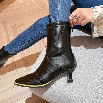 

Elegant square Toe ladies dress Shoes Woman Genuine Leather High Heels ankle Boots For Women Party wedding Boots size 41 42 43