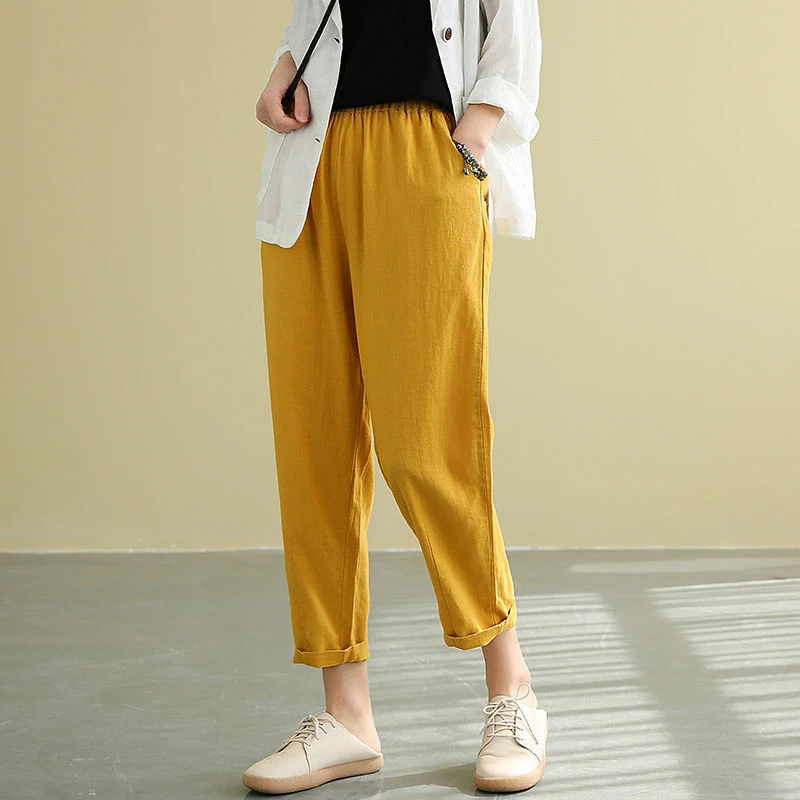 2020 Summer Arts Style Women Elastic Waist Ankle-length Loose Pants All-matched Casual Cotton Linen Harem Pants Plus Size M71 2020 Summer Arts Style Women Elastic Waist Ankle-length Loose Pants All-matched Casual Cotton Linen Harem Pants Plus Size M71