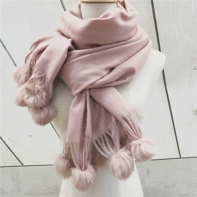 Натуральный кроличий мех помпон розовый шарф для женщин сплошной цвет желтый кашемир зимние шарфы шаль женский белый черный хиджаб палантин