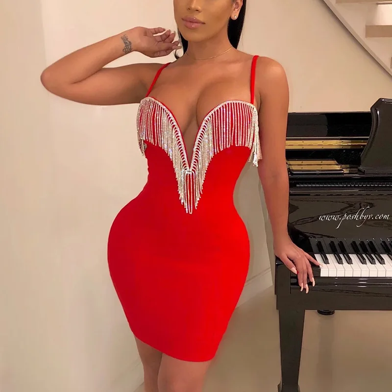 

New Fashion Women Deep V-Neck Solid Sexy Bodycon Dress Spring Spaghetti Strap Night Club Party Dress with Tassel Diamond Bar