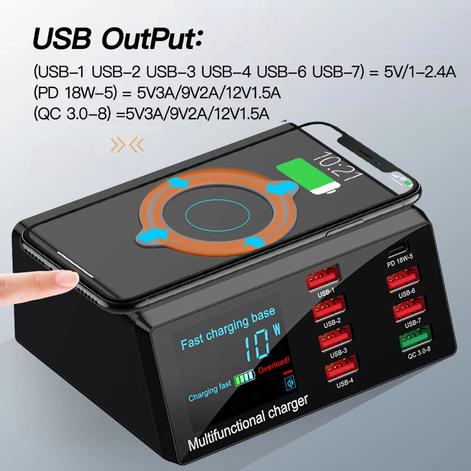 AIXXCO 100 Вт Беспроводное зарядное устройство USB док станция для 18 PD QC3.0 быстрой