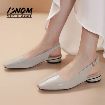 

ISNOM New Women's Sandals Leather Shoes Woman Slingback Buckle Strip Summer Shoes Round Low Heels Sandals Ladies Square toe